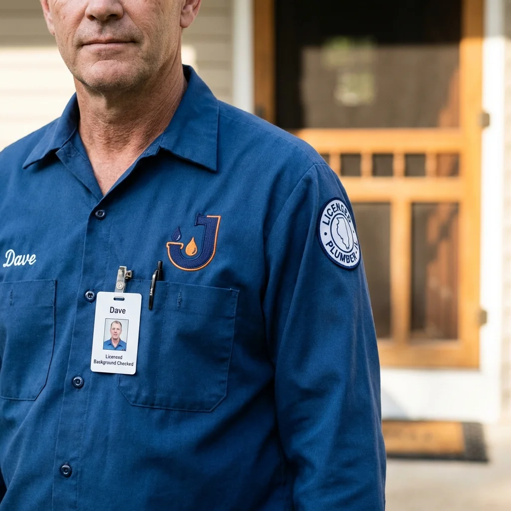 Licensed plumber showing ID badge in Humacao, PR