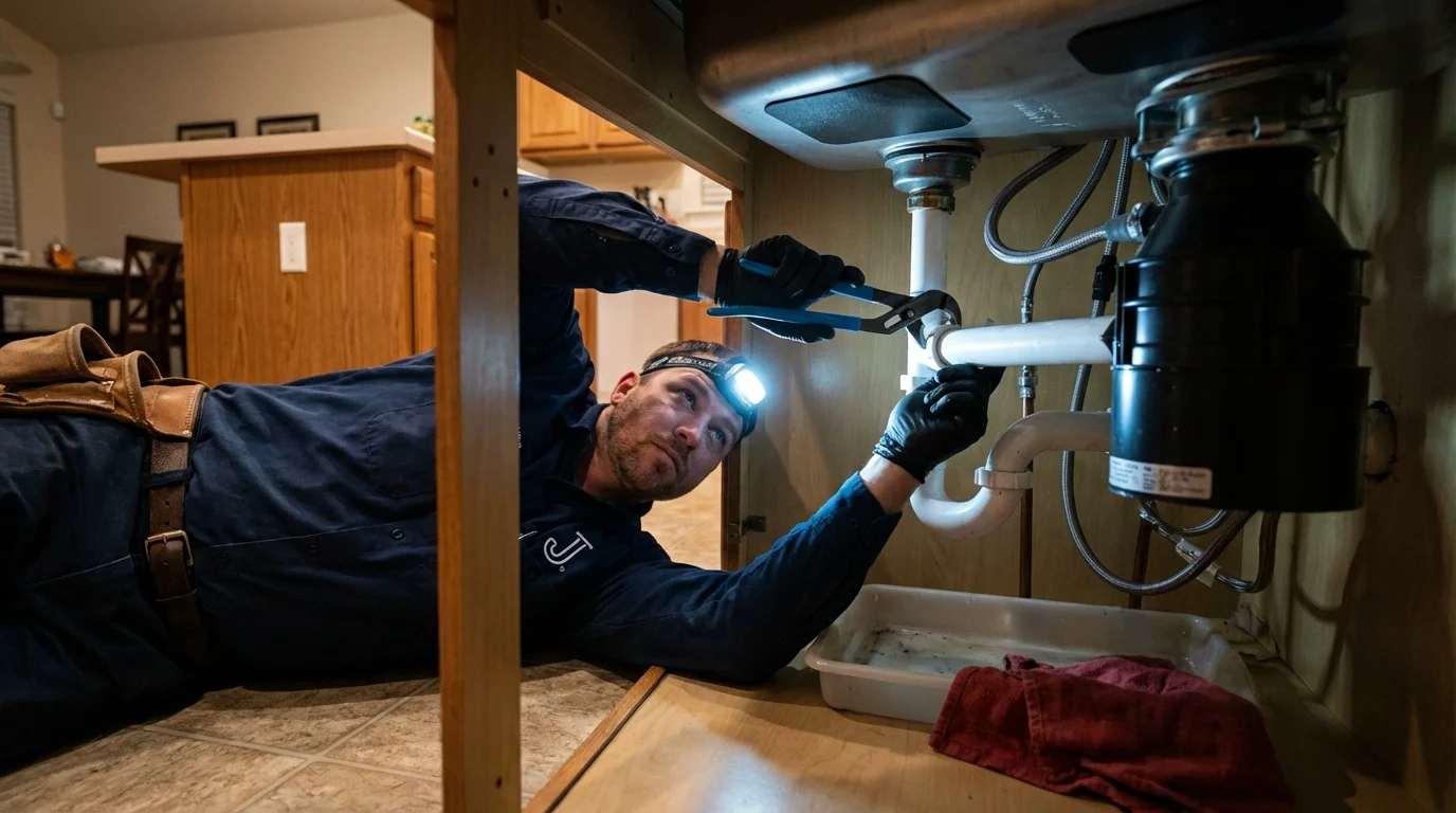 P-trap and supply line connections under a kitchen sink showing a common leak point in Humacao, PR